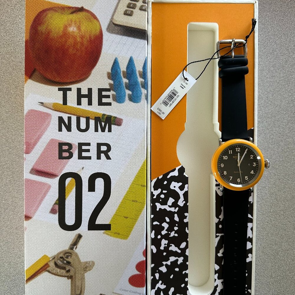 Shinola Detrola "The Number Two" watch with a black band and yellow trim